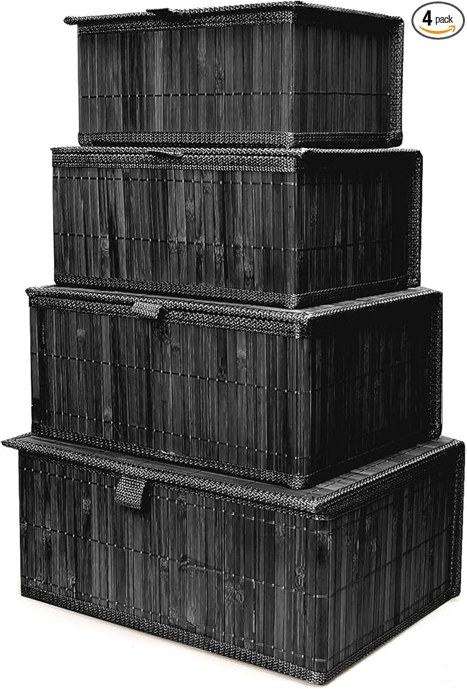 Wicker Basket With Lid Bamboo Storage Box for Shelf Bamboo Decor Storage Boxes With Lids-Rectangle Decorative Basket With Lid Organizer for Bedroom,Living Room (Set of 4,black)