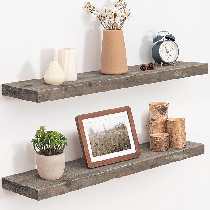Floating Shelves, 8 Inch Deep Rustic Solid Reclaimed Wood Wall Shelves for Storage, Wall Mounted Display Shelving with Invisible Heavy-Duty Metal Bracket, 30 Inch Width Set of 2, Grey