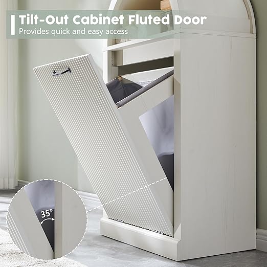 Arched Tilt-Out Trash Can Cabinet, Fluted 10 Gallon Trash Cabinet Set of 2, Modern Laundry Hamper, Hidden Garbage Can with Storage Basket for Kitchen, Living Room, White