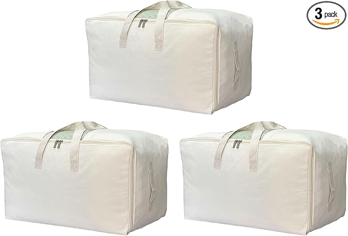 Soft Canvas Clothes Storage Bags with Four Carrying Handles and Clear Window, Closet Organizer for Clothing, Blankets Sheets and Bedding, 55L, 3 Pack, Beige