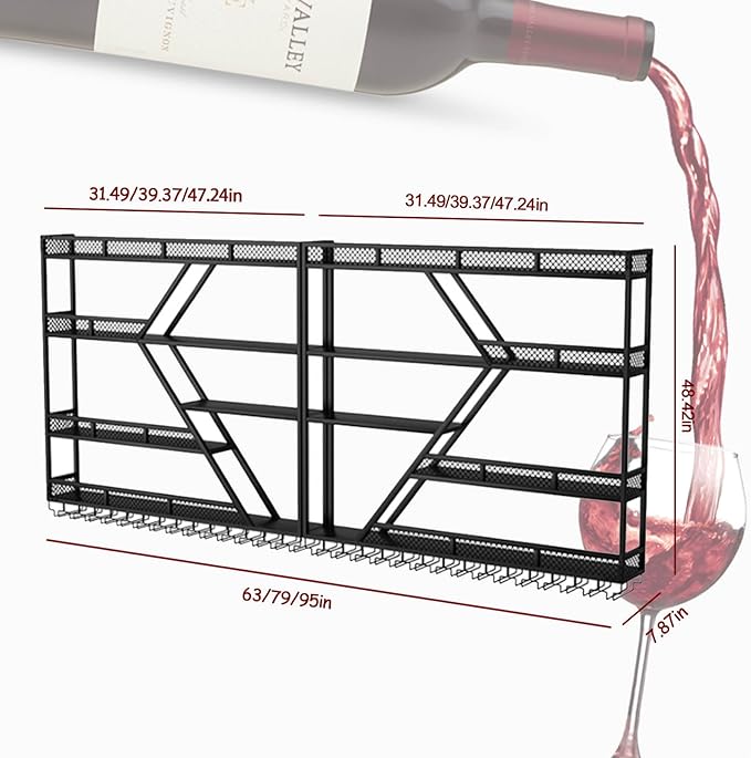 79in Large Wall Mounted Wine Rack 4 Tier Metal Wine Bottle Holder Modern Diamond Design Floating Bar Liquor Bottles Storage Rack for Home Restaurant Bar Decorative (Black, 4 Tier - 79in)