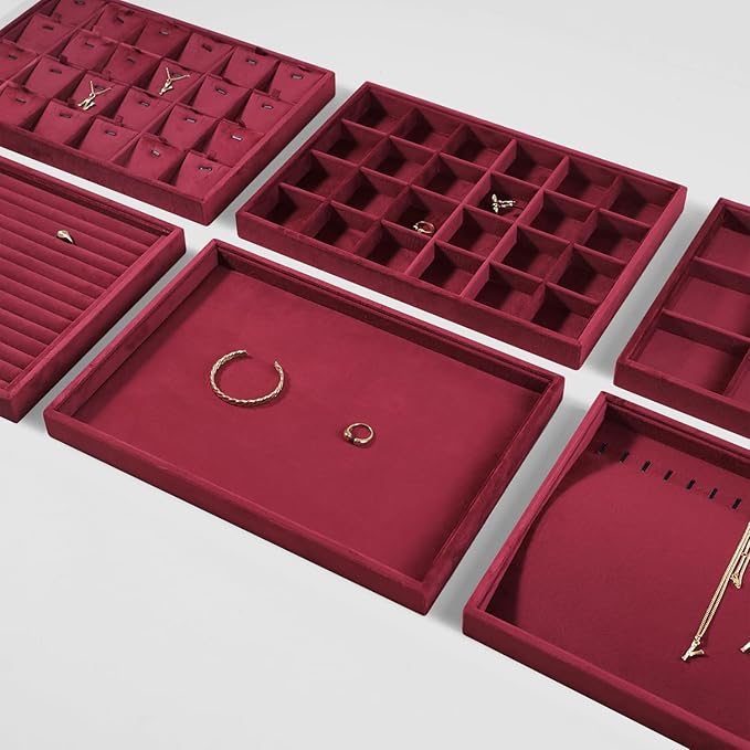 Velvet Stackable Jewelry Display Flat Tray For Ring Earring Necklace Bracelet, Bangle Pendant Storage Blank Plate, Shop Countertop Jewelry Dish Organizer (Red)