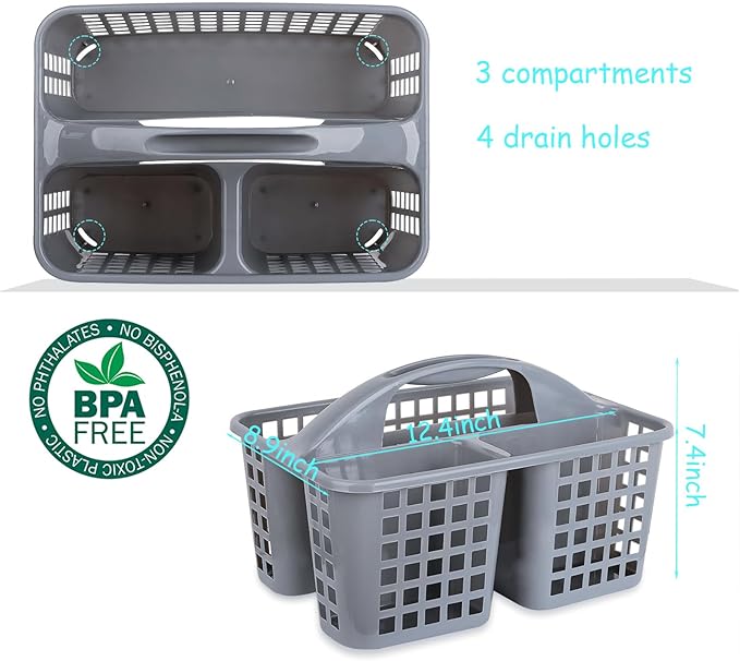 JiatuA Portable Shower Caddy Basket with Compartments Cleaning Supplies Organizer with Handle Plastic Storage Divided Tool Bin for Bathroom, Bedroom, Kitchen, College Dorm, Garden, Under Sink, Grey