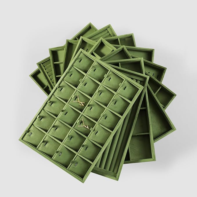 Velvet Stackable Jewelry Display Tray, 24 Grid Earring Ring Storage Tray, Drawer Divider Jewelry Accessories Organizer Plate (Olive Green)
