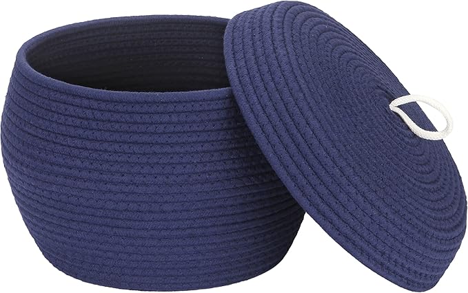 Sea Team Round Cotton Rope Storage Basket with Lid, Decorative Woven Storage Bin, Pot, Caddy, Organizer, Container for Snacks, Towels, Plants, 13 x 9 Inches (Large, Dark Blue)