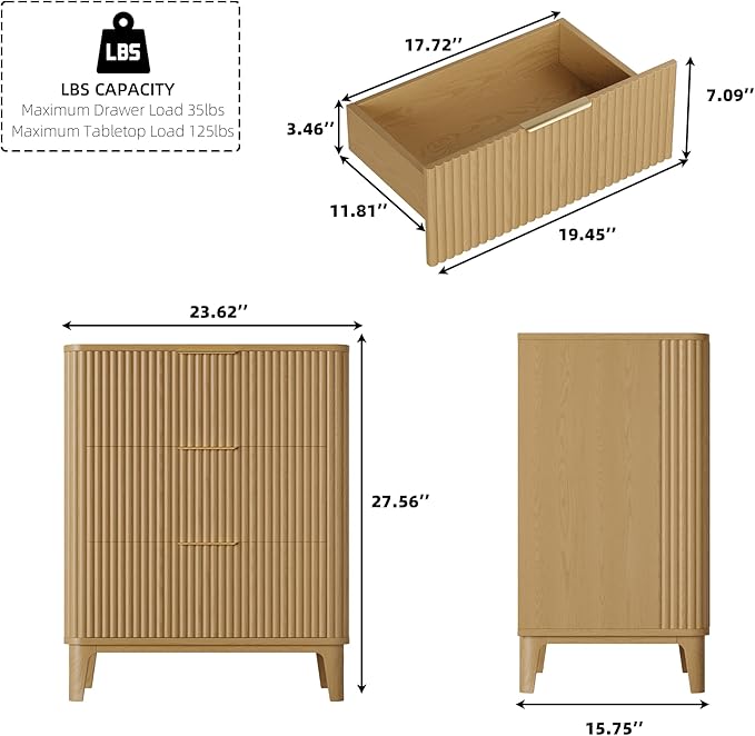 3 Drawer Fluted Dresser for Bedroom Set of 2, Modern Curved Closet Dressers Chest of Drawers, 23.6" Rustic Wood Nightstand 3-Drawer Dresser Bedside Table, End Table with 3 Large Drawers Natural