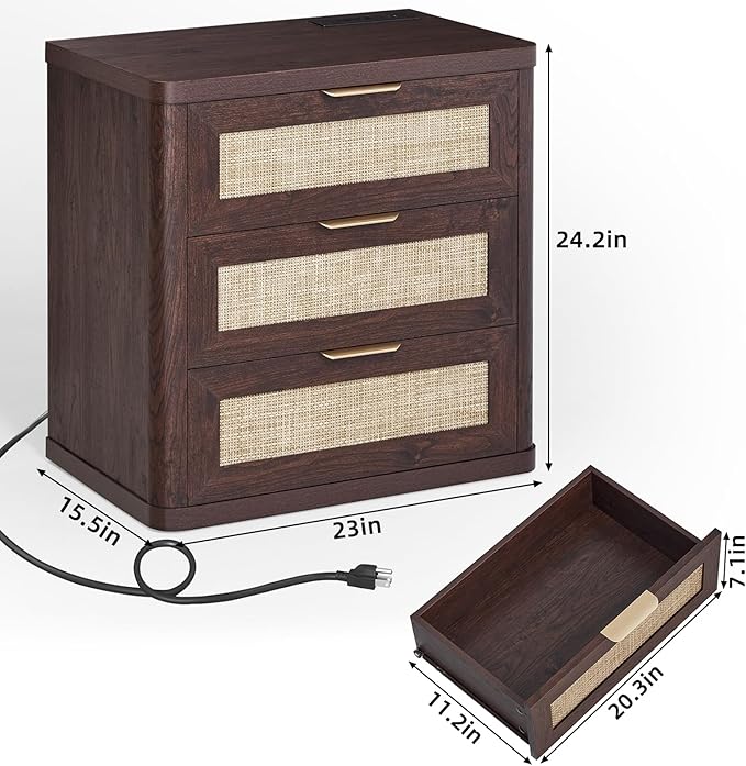 LEYAOYAO Rattan Night Stand with Charger Station, 23" Large 3 Drawer Boho Nightstand, Walnut Bedside Table Storage Cabinet, Bed Side End Tables for Bedroom, Living Room, Hallway