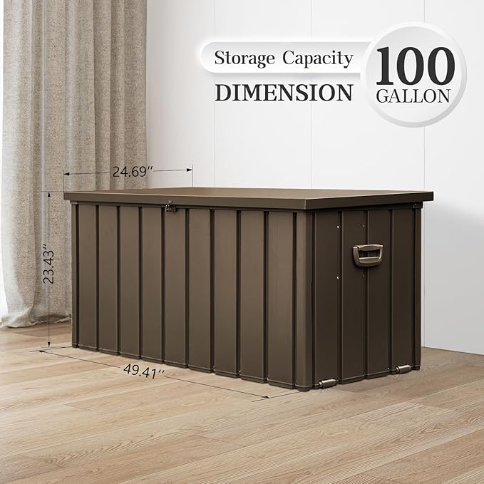 Domi 100 Gallon Metal Deck Box Waterproof, Outdoor Storage Box with Lock Wheels Side Handles Outside Storage Box for Patio Cushions, Shoes & Pool Tools