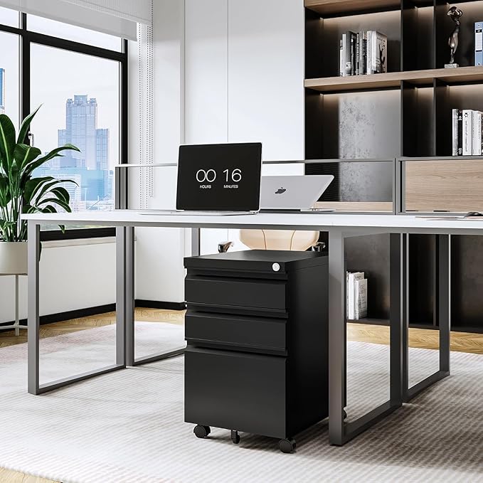 Letaya 3 Drawer Mobile File Cabinet with Lock, Under Desk Metal Rolling Filing Cabinets for Home Office Organizer Letters/Legal/A4 (Black- Requires Installation) (Black)