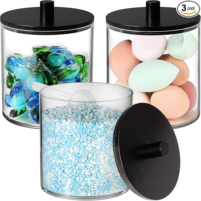SheeChung 3 Pack 50 Oz Large Apothecary Jar with Bamboo Lid, Laundry Pods Container, Storage Jars for Bathroom Organization, Plastic Canisters with Cute Stickers Spoons(Black)