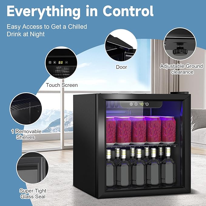 1.3 Cu.Ft Mini Fridge for 60 Cans, Beverage Refrigerator with Glass Door and Digital Display, Small Drink Fridge with Adjustable Shelves for Soda, Beer, Wine, Quiet Compact Fridge for Bedroom