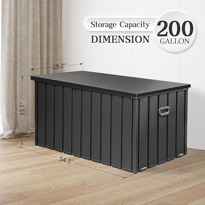 Domi 200 Gallon Deck Box, Metal Outdoor Storage Box with Lock Wheels Side Handles, Waterproof Outside Storage Box for Patio Cushions, Shoes & Pool Tools
