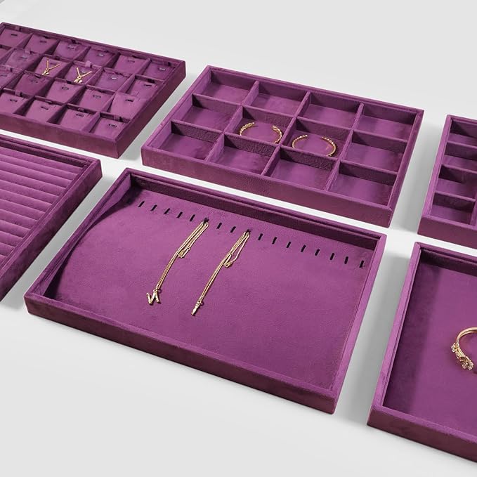 Velvet Stackable Jewelry Display Tray, 12 Grid Watch Bangle Bracelet Storage Tray, Makeup Drawer Insert Jewelry Shop Organizer Plate (Purple)