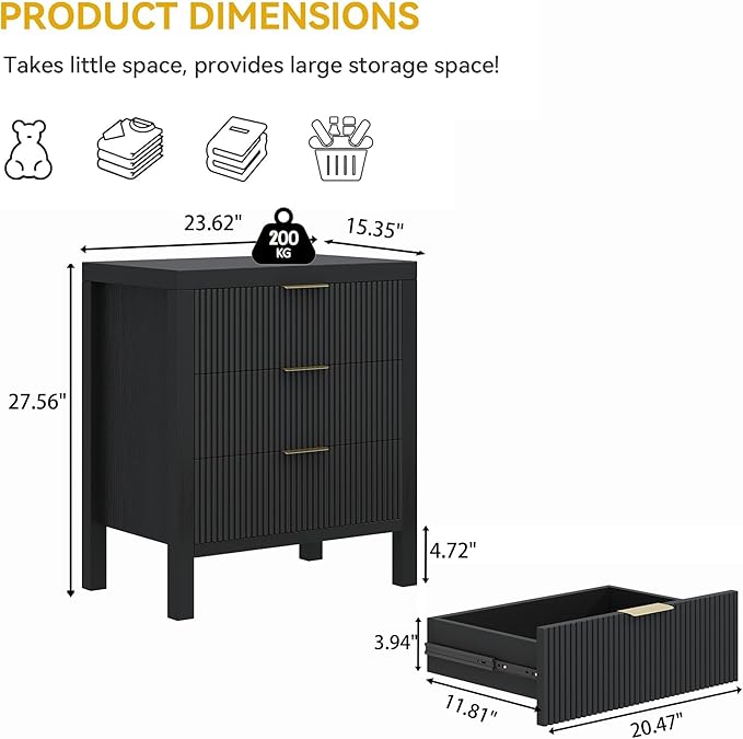3 Drawer Dresser, Chest of Drawers Organizer with Waveform Panel, Large Fluted Dresser with Wide Drawers and Golden Handles, Wood Storage for Bedroom, Hallway, Entryway, Black