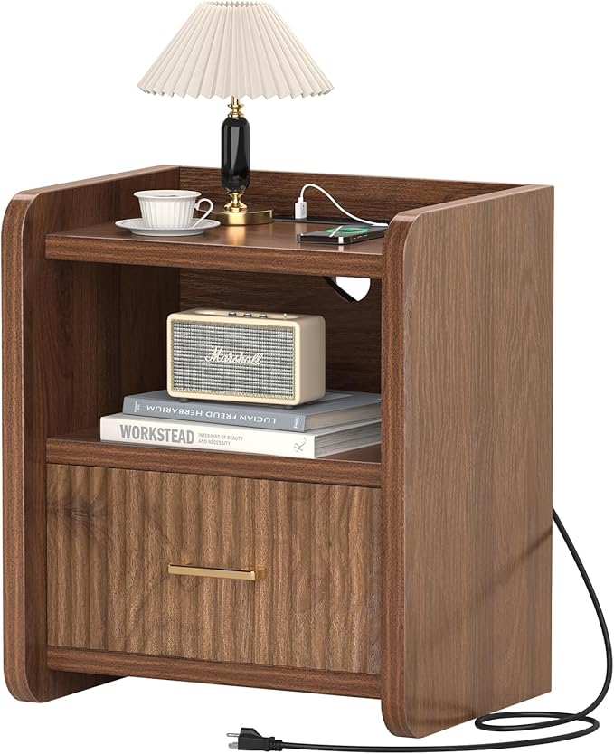 Night Stand with Charger Station, Fluted Wood Nightstand with Drawer Storage, Modern Bedside Table, Wide Nightstands for Bedroom, Mid Century Wooden Night Stands for Home Office Sofa Couch