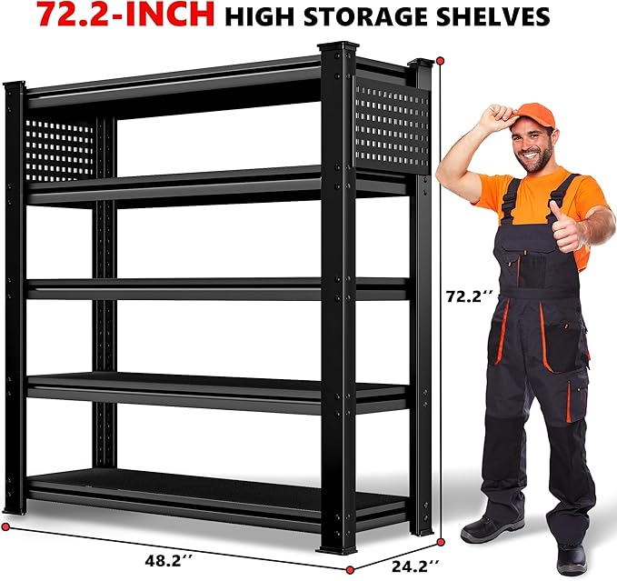 SILVEL 48.2" W Garage Shelving, 5000LBS Heavy Duty Metal Shelving, 2025 Solid Storage Shelves with 2 Side Pegboards, Industrial 5 Tier Shelves for Basement Pantry Warehouse Supermarket, 4 Pack