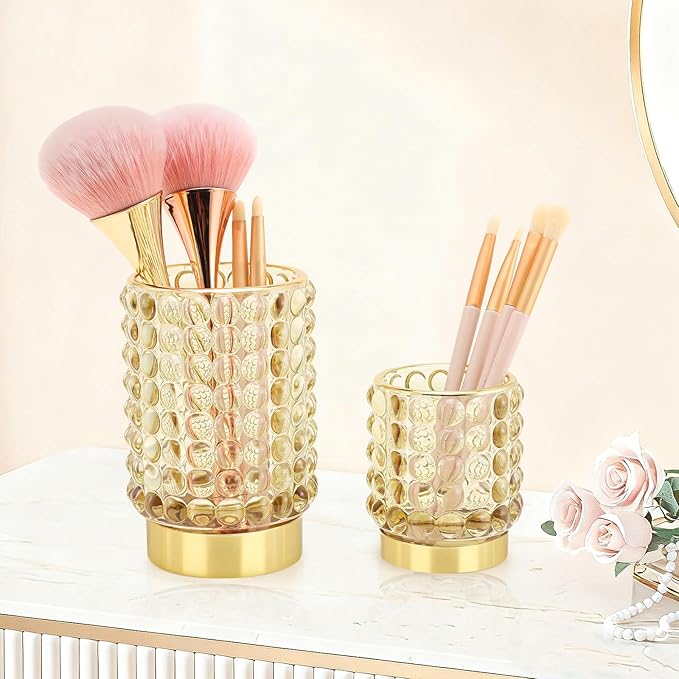 DASITON Makeup Brush Holder Organizer, Crystal Cosmetic Make Up Brush Holder, Glass Makeup Brushes Storage Organizer, Vintage Make Up Cup Desk Pen Pencil Holder, Toothbrush Holders (Yellow S)
