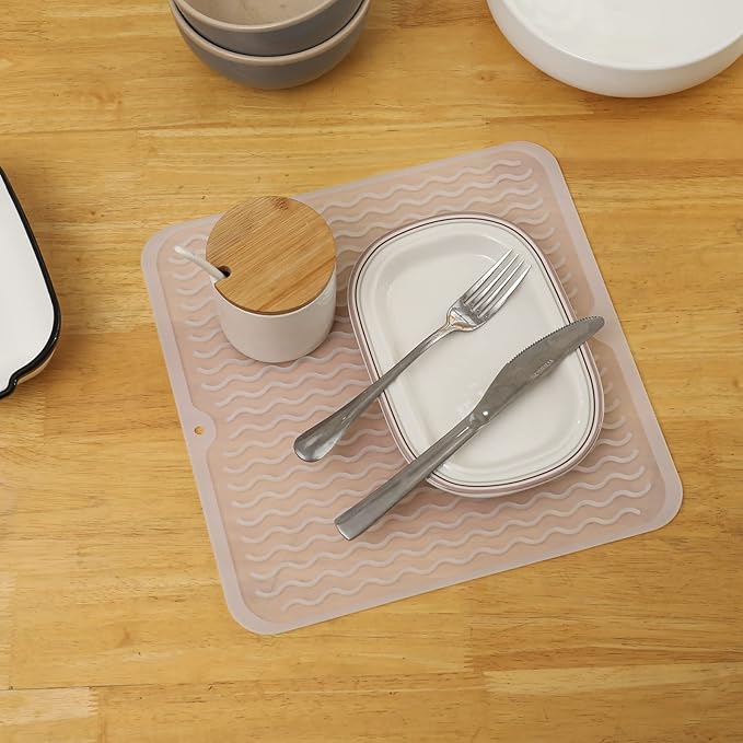 Silicone Dish Drying Mat for Multiple Usage,Easy clean,Eco-friendly,Heat-resistant Silicone Mat for Kitchen Counter or Sink,Refrigerator or Drawer liner Translucent M 12 inches x 12 inches