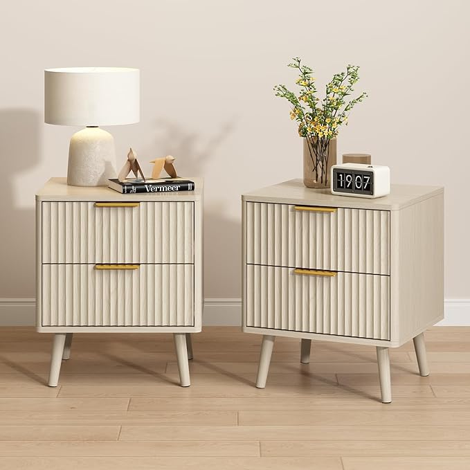 CARPETNAL Fluted Nightstand, Beige Bedside Table with 2 Drawers and Gold Handles, Wood End Table Mid Century Night Stands for Bedroom Living Room