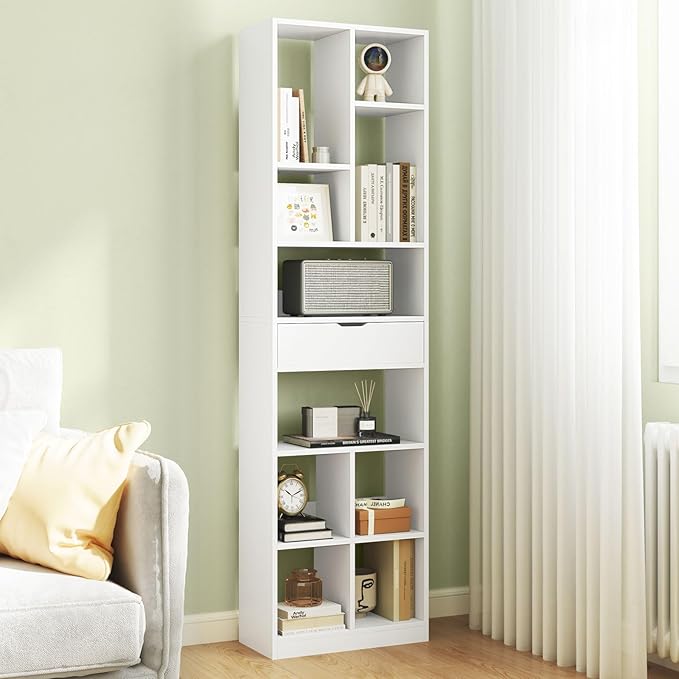 Giantex 71" Bookcase with Drawer, Tall Freestanding Bookshelf with 10 Open Cubes, Floor Display Shelving Unit, Modern Storage Organizer for Living Room, Bedroom, Study, White