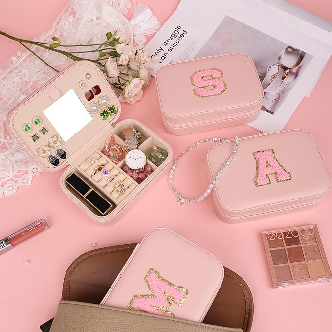 TopPerfekt Travel Jewelry Case, Jewelry Box with Mirror, Jewelry Organizer Bridal Shower Gifts to Her, Earring Storage Travel Case, Trendy Gift for Women and Girls, Girlfriend-Letter S, Pink
