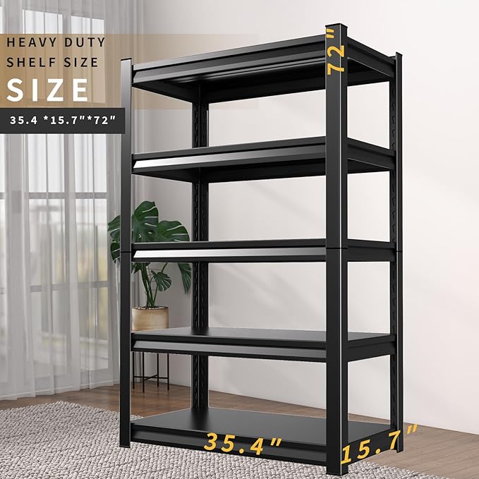 72" H Garage Shelving Heavy Duty Storage Shelves Adjustable Garage Shelves 5 Tier Metal Shelving Unit Utility Rack Shelf for Storage Kitchen Warehouse Pantry, Black (72 "H x 35.4 "W x 15.7" D)