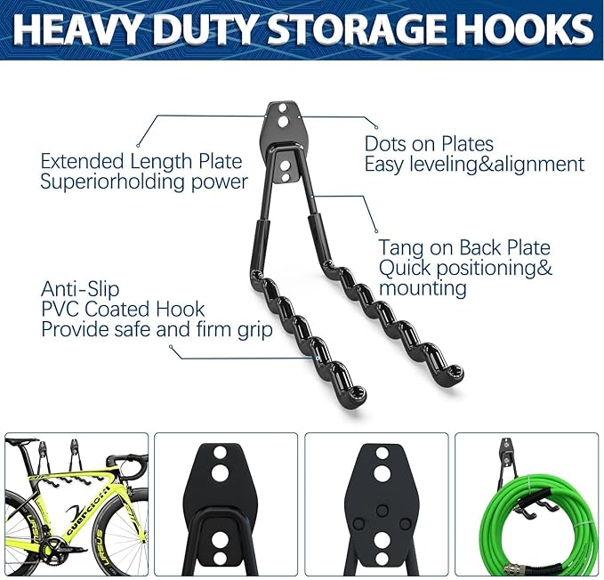 3-H Garage Wall Hooks 42 Pack, Heavy Duty Garage Hooks with Extra Welding Spots, Wall Mount Storage Organizer for Hanging Garden Lawn Tools, Ladder, Bike, WeedEater, Chair, Shovel, Blower (Black)