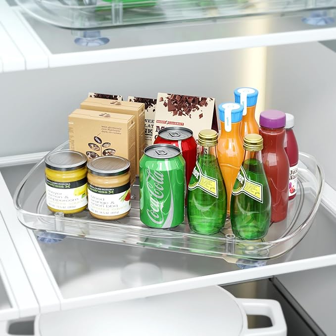 HIYOHIYO Clear Lazy Susan for Refrigerator Rectangular Fridge Turntable Organizers and Storage Pull Out & 360° Rotating for Cabinet Pantry Kitchen Table Bathroom (2-Pack 13.7"x10.2")