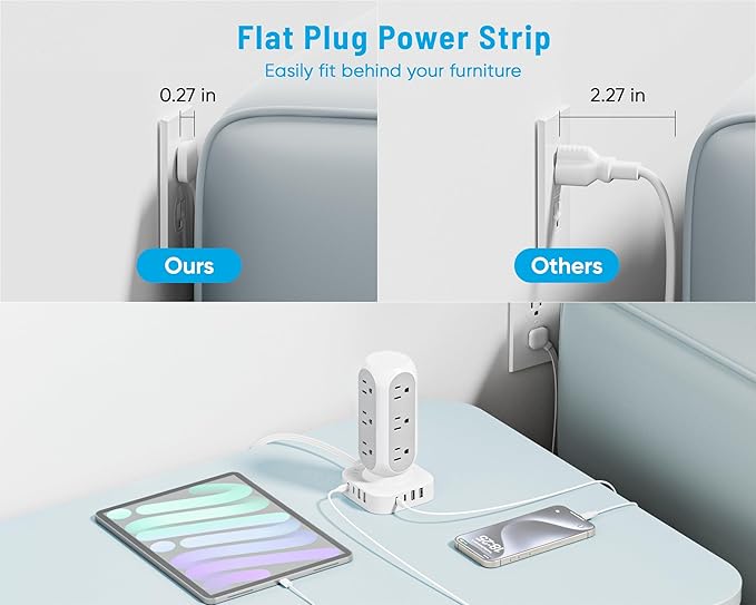 65W Fast Charging Station, Flat Plug Power Strip Tower with 12 AC Outlets & 8 USB Ports (2 PD USB-C Ports), 10FT Extension Cord, Compatible for MacBook Pro, iPhone Series.