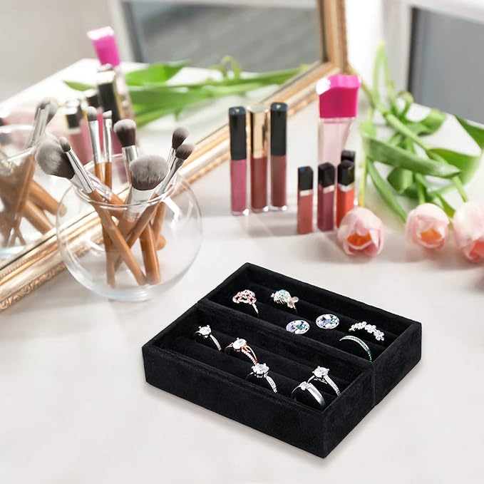 DesignSter Small Jewelry Tray, 2PCS Ring Organizer, Velvet Jewelry Display Tray, Stackable Jewelry Organizer Trays, Jewelry Drawer Organizer Inserts For Dresser, Jewelry Box (Black)