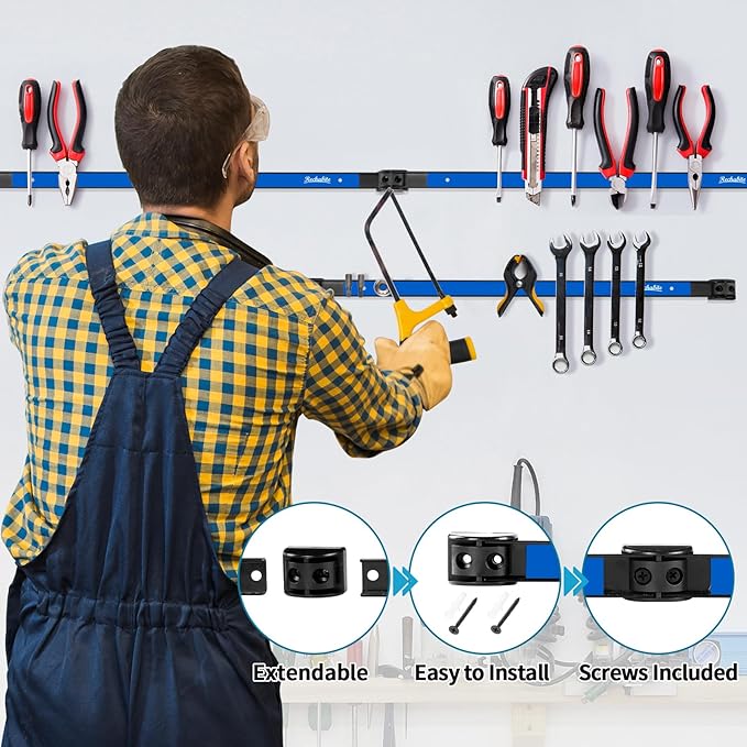 6 Pieces 12" Magnetic Tool Holder Strip, Blue Magnet Bar, Metal Tool Organizer Rack for Garage Organization, Easy To Install in Workshop, Mounting Screws Included