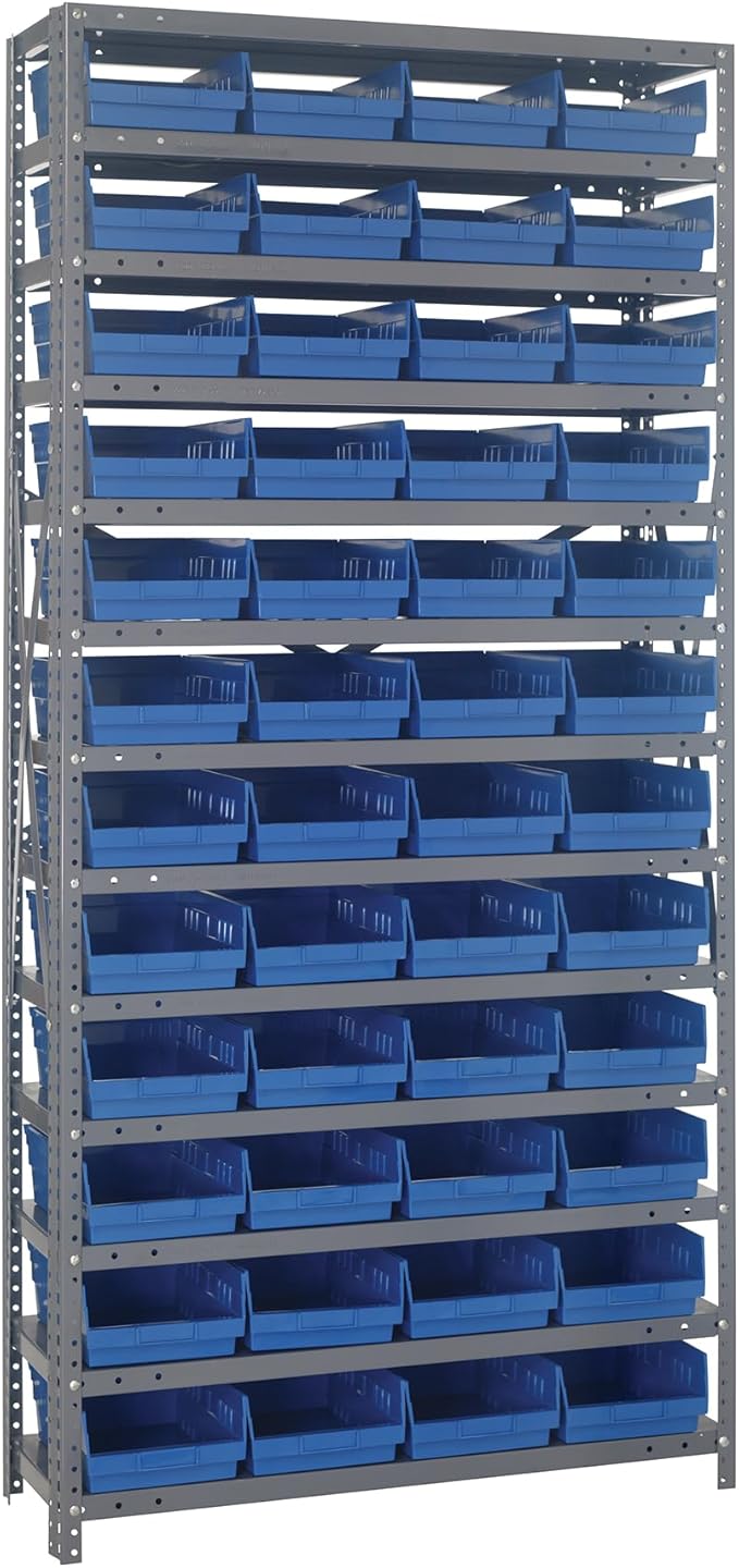 Quantum Storage Systems 1275-107BL Steel Shelving Unit with 4" Shelf Bins, 12" D x 36" W x 75" H, Blue