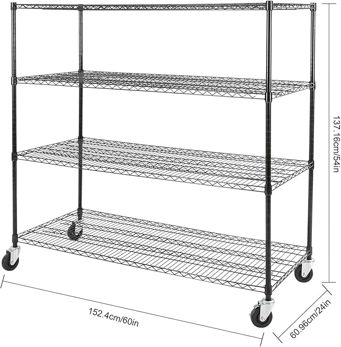 4-Tier Storage Shelving Unit with Wheels, Adjustable Heavy Duty Steel Wire Rack Organizer (24" D x 60" W x 54" H, 480 lbs Capacity) for Garage, Kitchen