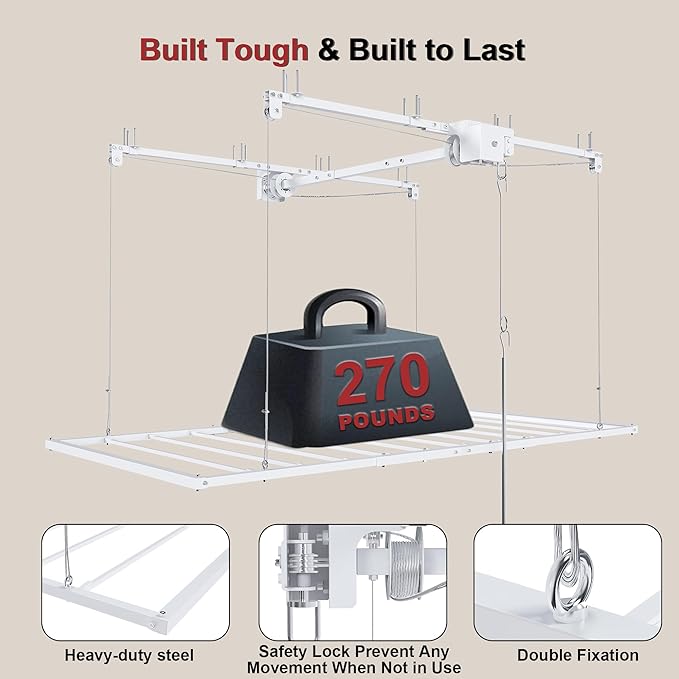 3x6FT Overhead Garage Storage Rack for High Ceilings 10-12 FT, Adjustable Garage Organization System, Heavy Duty Ceiling Storage Racks with Safety Lock,270LBS Capacity,White