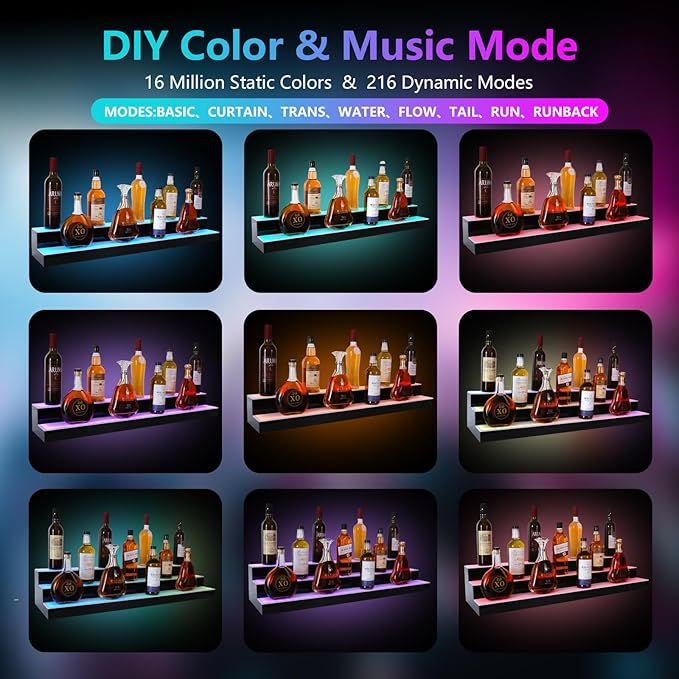Led Lighted Liquor Bottle Display Shelf, 40 Inch 3 Tier Whiskey Rack, Support USB, Bar Stand with RF Remote & App Control, Illuminated Acrylic Lighting Shelves for Home Bar, Party