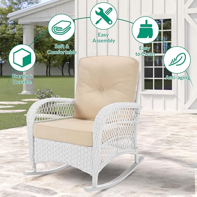 VIVIJASON 3-Piece Outdoor Conversation Bistro Set, Patio Wicker Rocking Chairs Rattan Furniture Sets w/ 2 Rattan Chairs, Cushions, Glass Top Side Table for Garden Porch Backyard (White Wicker/Beige)