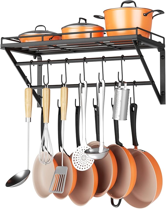 OROPY 23 Inch Wall Mounted Pot Rack Storage Shelf with 2 Tier Hanging Rails 12 S Hooks included, Ideal for Pans, Utensils, Cookware, Plant Black