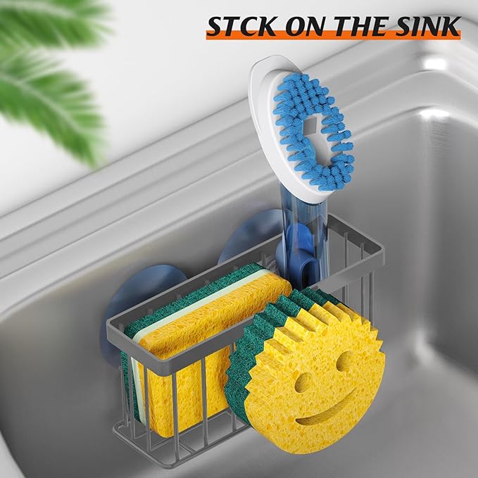 Sponge Holder Smiley Face,Sink Caddy for Kitchen Sink,Sponge Holder with 2 PCS Suction Cups/1 PCS Adhesive Strips,Designed for Sponge,Soap,Dish Brush,Scrubber-Charcoal Gray