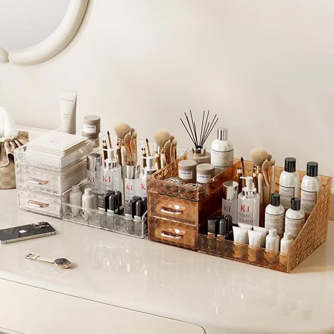 Clear Makeup Organizer for Vanity,Desk Makeup Caddy With Drawers for Cosmetics,Lipsticks Nail Care Skincare Jewelry Countertop Organizers,Cosmetic Display Cases for Bathroom, Dresser (Amber)