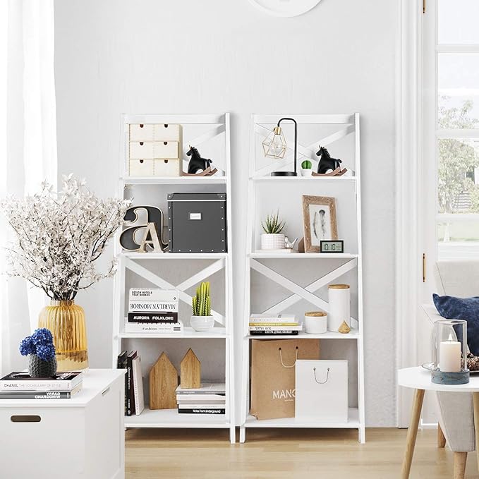 Tangkula 4-Tier Ladder Shelf Bookcase Leaning Free Standing Wooden Frame Decor Bookshelf Storage Flower Shelf Plant Display Shelf for Home Office (White, 2)