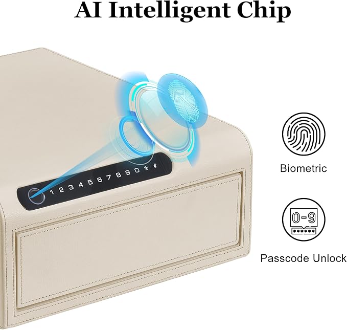 Jewelry Safe with Drawers，Biometric Fingerprint safe, Slide-Away Handgun Safe for Pistols, Leather Wrapped Jewelry Storage Safe, Digital Keypad & Quick-Access Drawer (White- 1 Drawer)