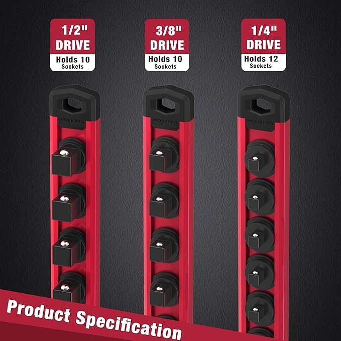 WORKPRO Magnetic Socket Organizer Set, 3-Piece Aluminum Alloy Socket Rail, Heavy Duty Socket Holder, Socket Rack Kit 1/4-Inch x 12 Clips, 3/8-Inch x 10 Clips, 1/2-Inch x 10 Clips (Red)