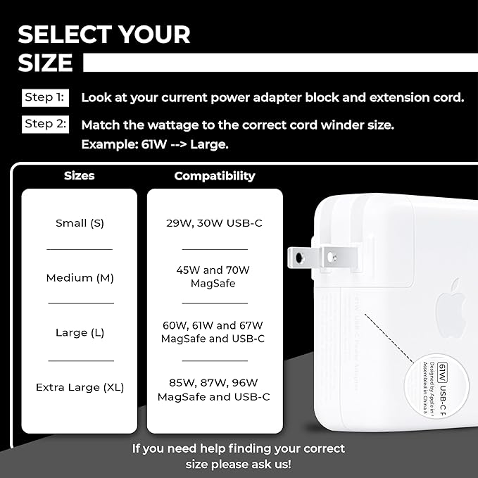 HumanCentric Cord Winder for MacBook Charger Organizer, Cable Reel for MacBook Chargers, Travel Mac Charging Case 85W, 87W, 96W USB-C and MagSafe, Apple Pro + Air Power Cord Storage, Extra Large