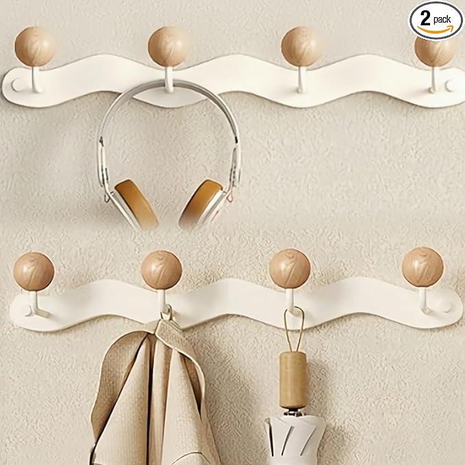 Coat Rack Wall Mounted,White Coat Hooks Adhesive & Screw in,Anti-Tear Wooden Ball Hook Rail, Heavy Duty Metal Coat Hangers for Entryway, Bathroom, Bedroom, Kitchen 2PACK (4-tri Hooks)