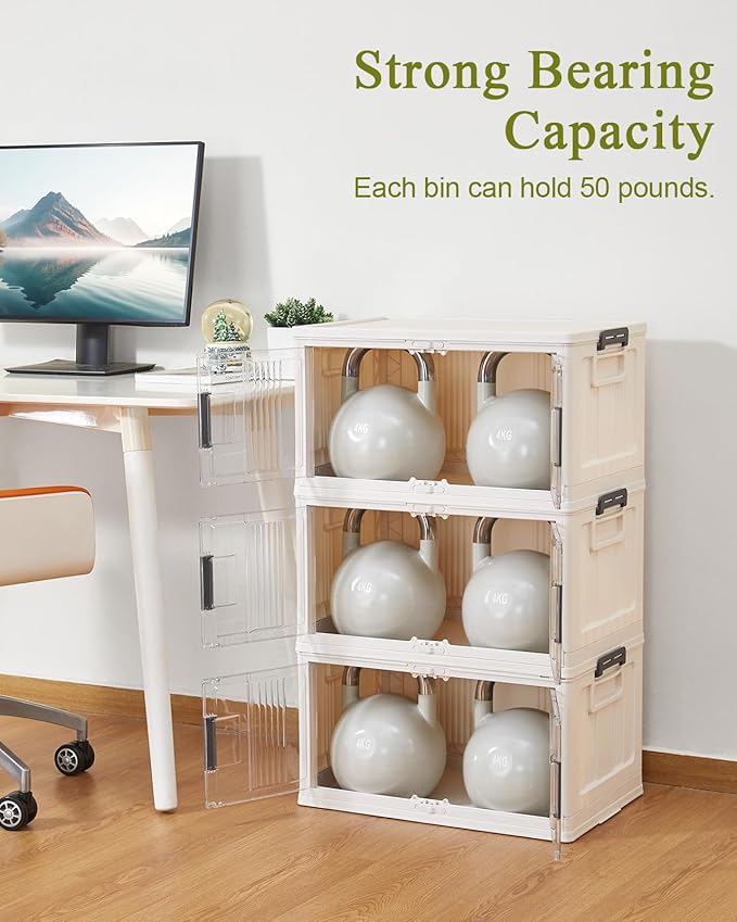 OlarHike 48QT Stackable Storage Bins with Lids - Folding Storage Box with Doors and Wheels, Collapsible Plastic Storage Bins for Closets, Home Organization, 3 Pack Cubes (Warm Gray)