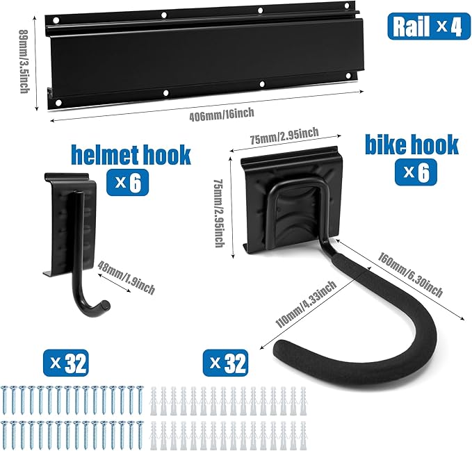 Sinoer 6-Bike & 6-Helmet Wall Mount Rack - 64 Inch Adjustable Bike Storage, Heavy Duty Steel Hooks, Space-Saving Bike Organizer for Home & Garage