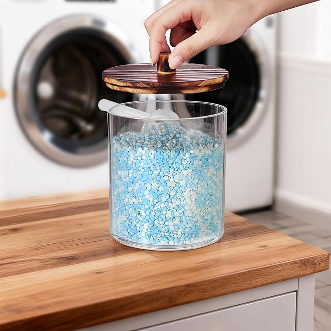 SheeChung 4 Pack 50 Oz Large Apothecary Jar with Wood Lid, Laundry Pods Container, Storage Jars for Bathroom Organization, Plastic Canisters with Cute Stickers Spoons(Dark Brown)