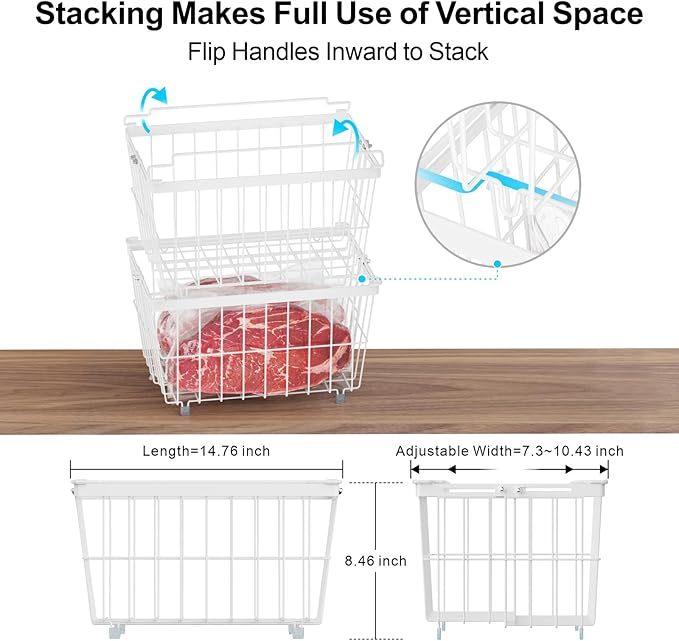 iSPECLE Chest Freezer Organizer Bins - Fit 5 to 9 Cu.FT, 6 Pack Large Adjustable Freezer Organizer Bins for Deep Freezer, Easy Access & Stackable Chest Freezer Organizer Hold More Food, White