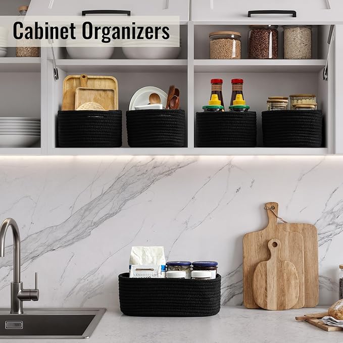8 Pack Small Storage Baskets for Organizing, Woven Rope Bins for Bathroom, Closet, Shelf Organizer, Cute Cube Decorative Box for Towels, Baby Nursery, Toys, Gift Empty Baskets - 11.5"x7.5"x4.7"-Black