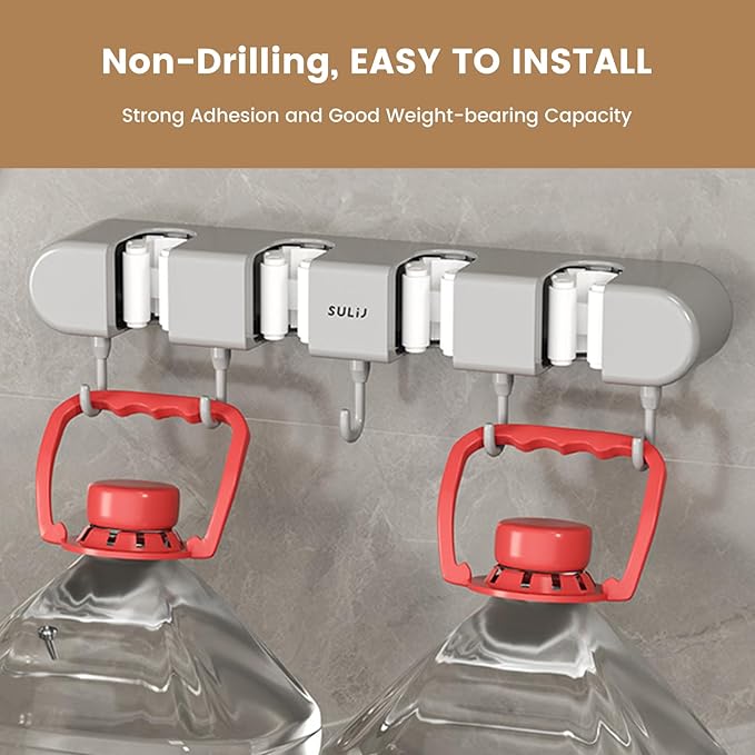 3PCS Broom Holder Wall Mount, No-Drilling Self-Adhesive Mop and Broom Storage Rack (4 Racks with 5 Hooks),Wall-Mounted Broom Hanger for Bathroom, Kitchen, Closet, Garage, Grey